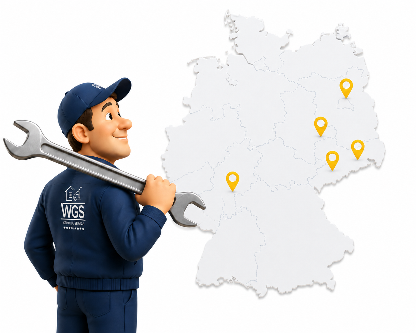 Deutschlandkarte mit aktiven Einsatzgebieten von WGS-Gebäudeservice in Berlin, Brandenburg, Sachsen, Sachsen-Anhalt und weiteren Regionen