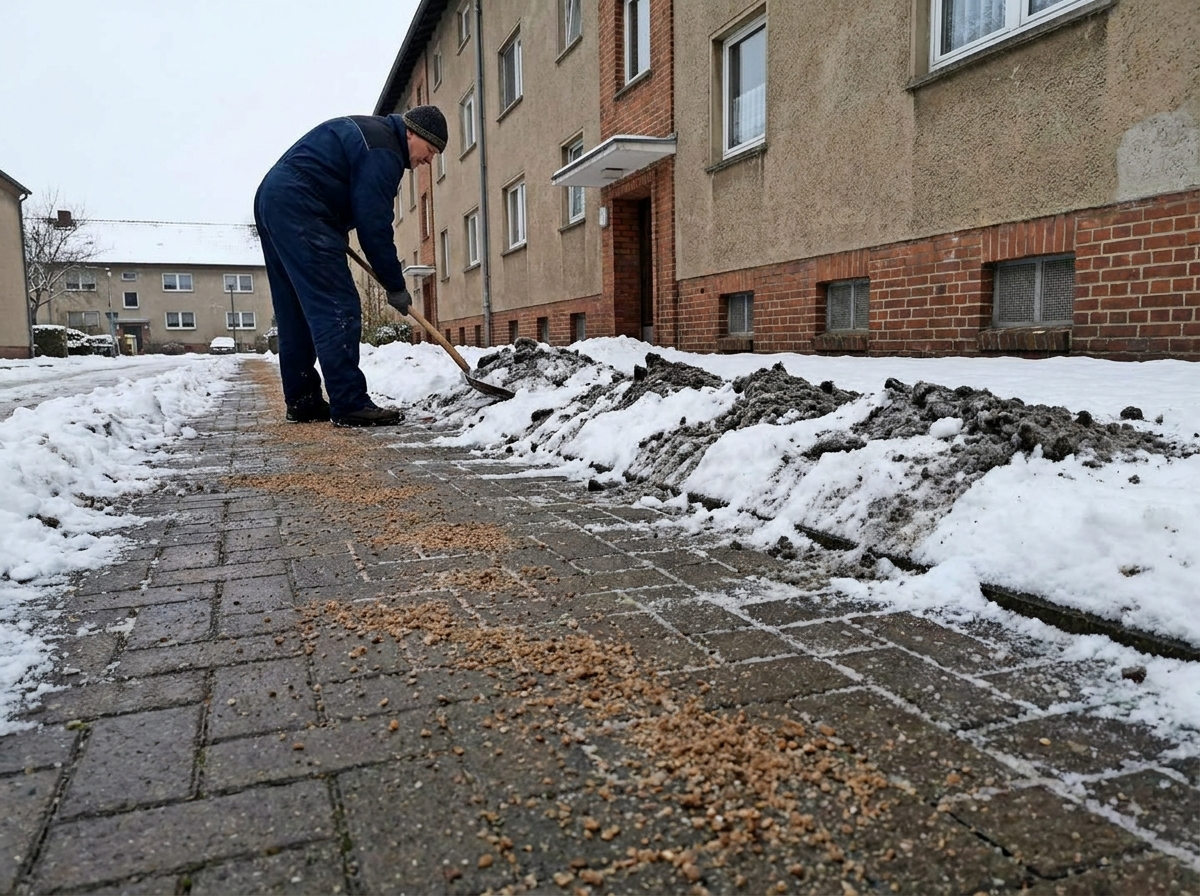 Geräumter Gehweg vor einem Wohngebäude nach Winterdiensteinsatz