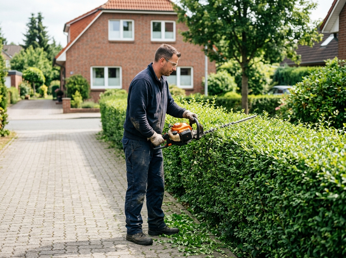 Mitarbeiter des WGS-Gebäudeservice schneidet eine Hecke in Form