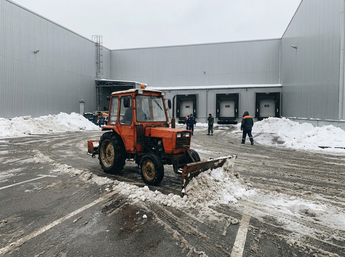 Maschinelle Flächenräumung eines Parkplatzes im Winter