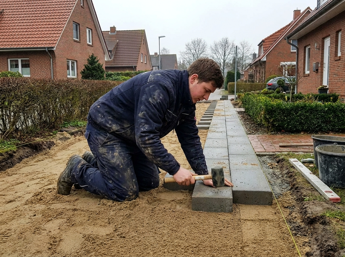 Verlegung von Pflastersteinen auf einem neuen Weg