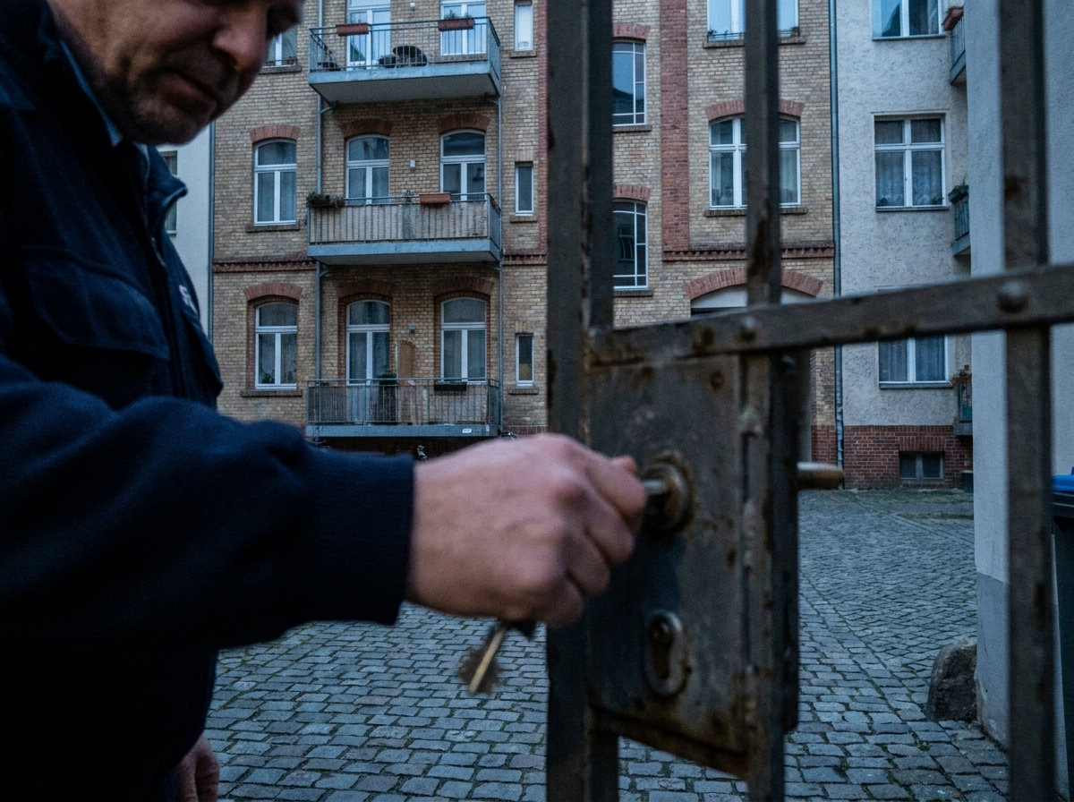 Verschließen eines Hoftors an einer Wohnanlage im Rahmen des Schließdienstes