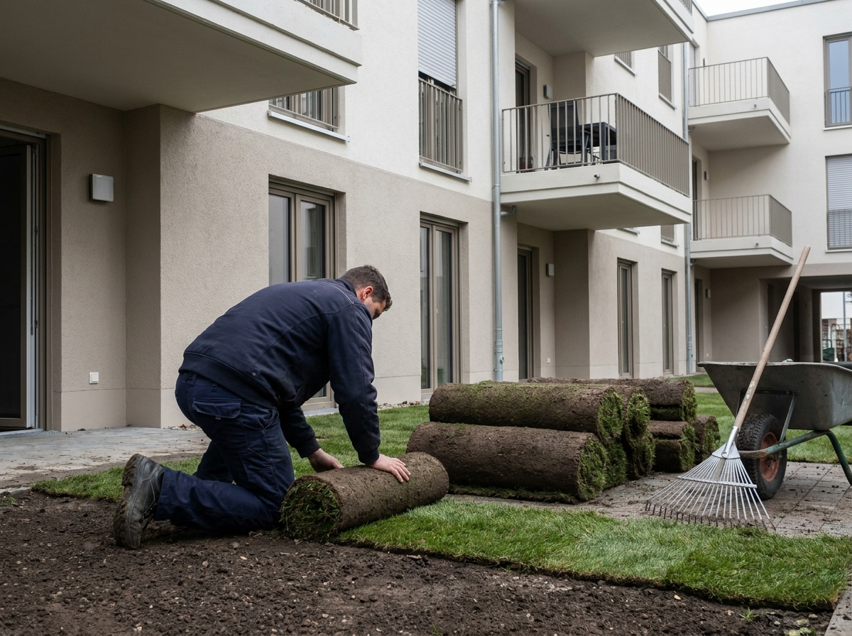 Verlegung von Rollrasen auf einer neu angelegten Grünfläche