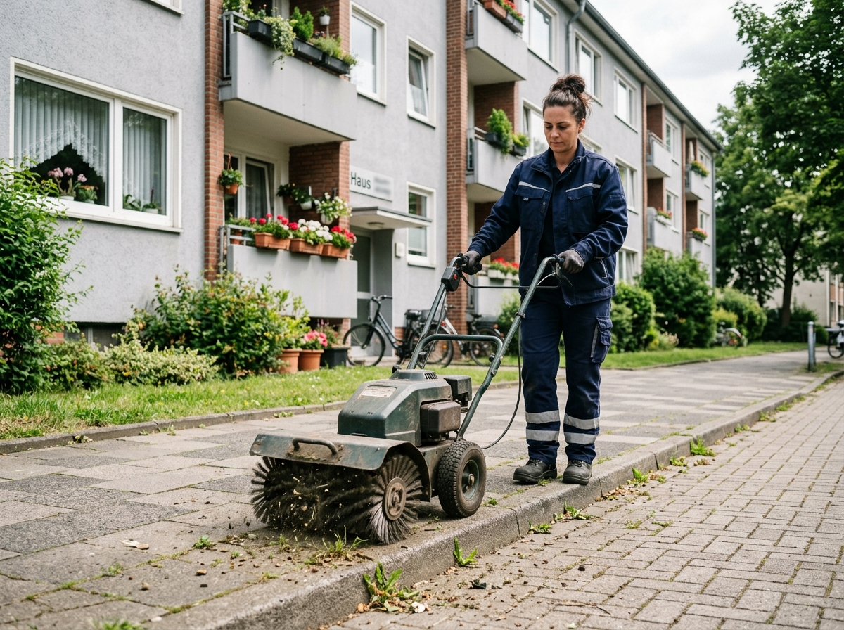 Entfernung von Wildkraut aus Pflasterfugen auf einem Weg