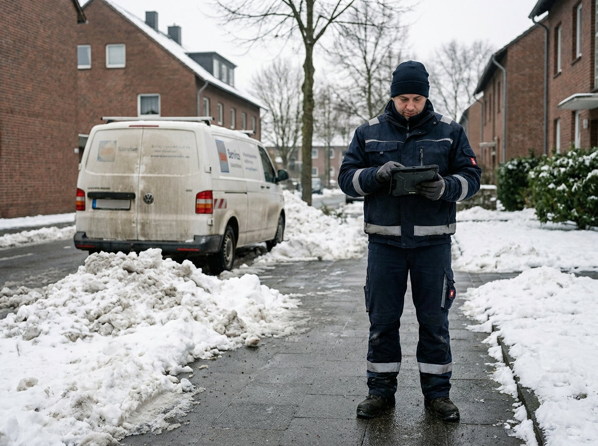 Mitarbeiter des WGS-Gebäudeservice dokumentiert Winterdiensteinsatz auf Tablet