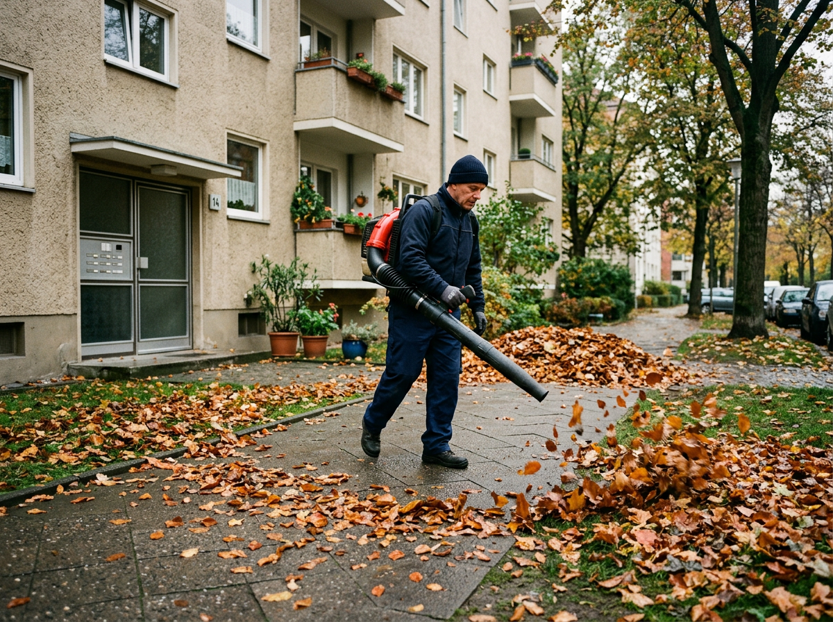 Laubbeseitigung auf einem Gehweg im Herbst