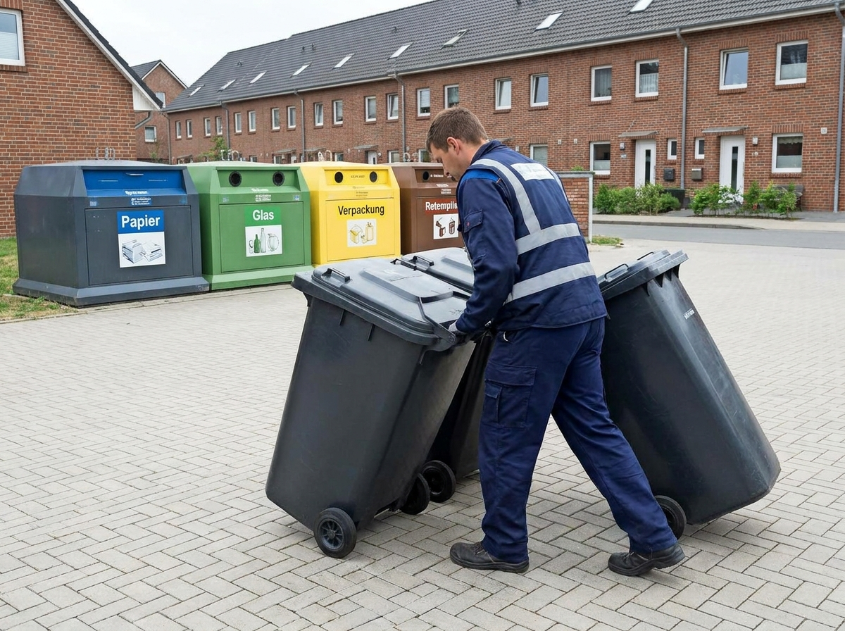 Mitarbeiter des WGS-Gebäudeservice beim Bereitstellen der Mülltonnen am Standplatz