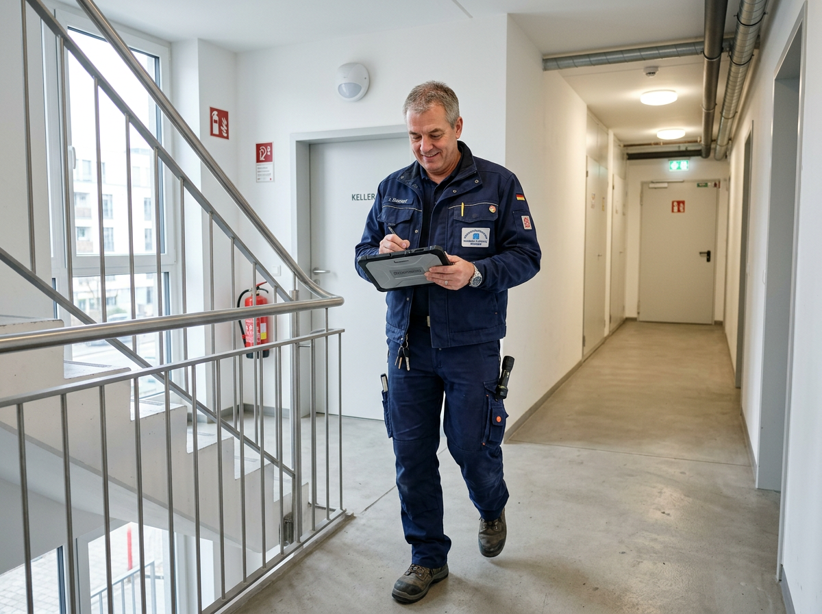 Hauswart des WGS-Gebäudeservice bei der Objektbegehung im Treppenhaus