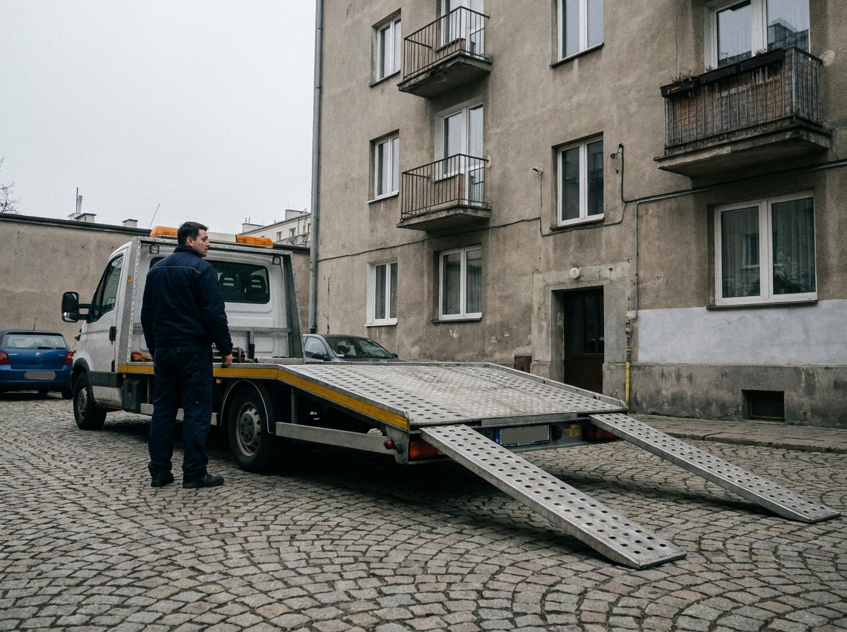 Abschleppfahrzeug auf einer Hoffläche bei der Räumung eines Stellplatzes