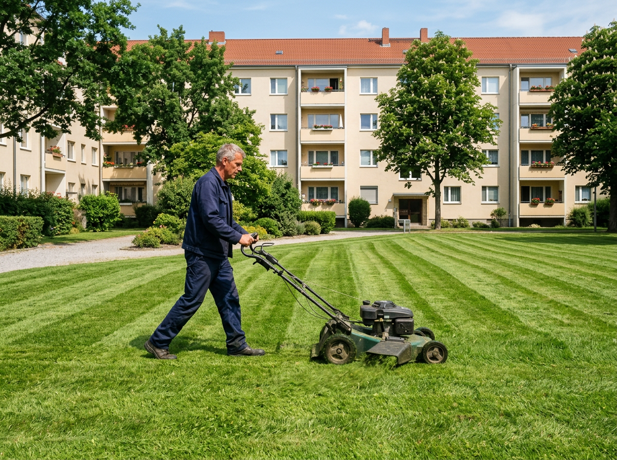 Gepflegte Rasenfläche einer Wohnanlage nach der Mahd