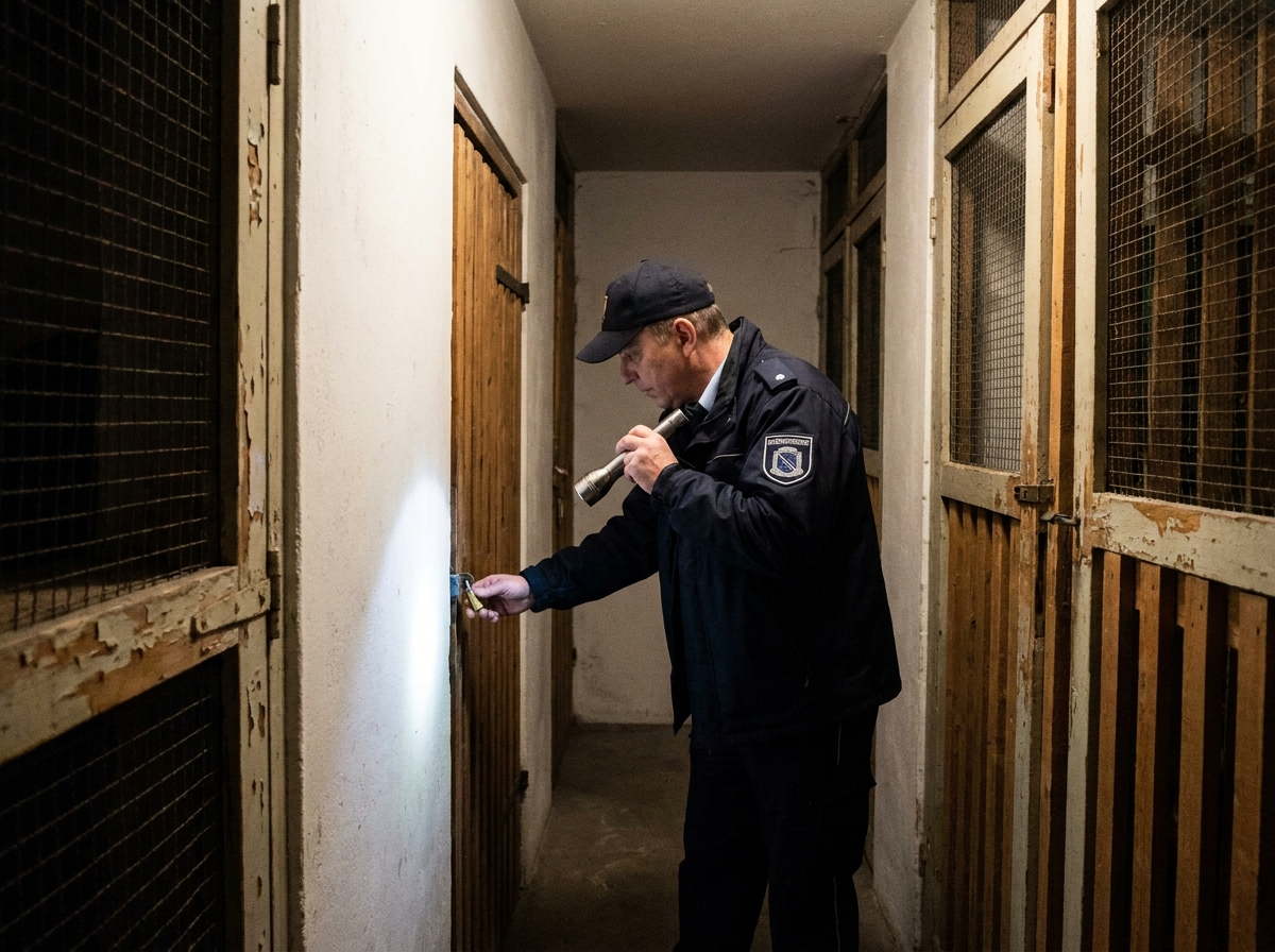 Sicherheitsmitarbeiter kontrolliert Kellergang und Zugänge mit Taschenlampe