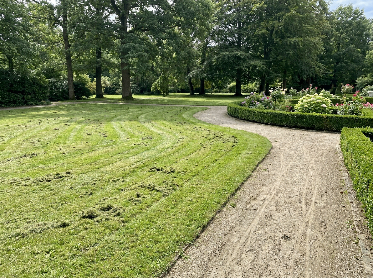 Gepflegte Parkanlage mit Rasen und Blumenbeeten