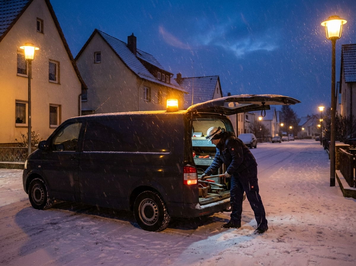 WGS-Gebäudeservice-Fahrzeug im Nacht-Wintereinsatz auf verschneiter Straße