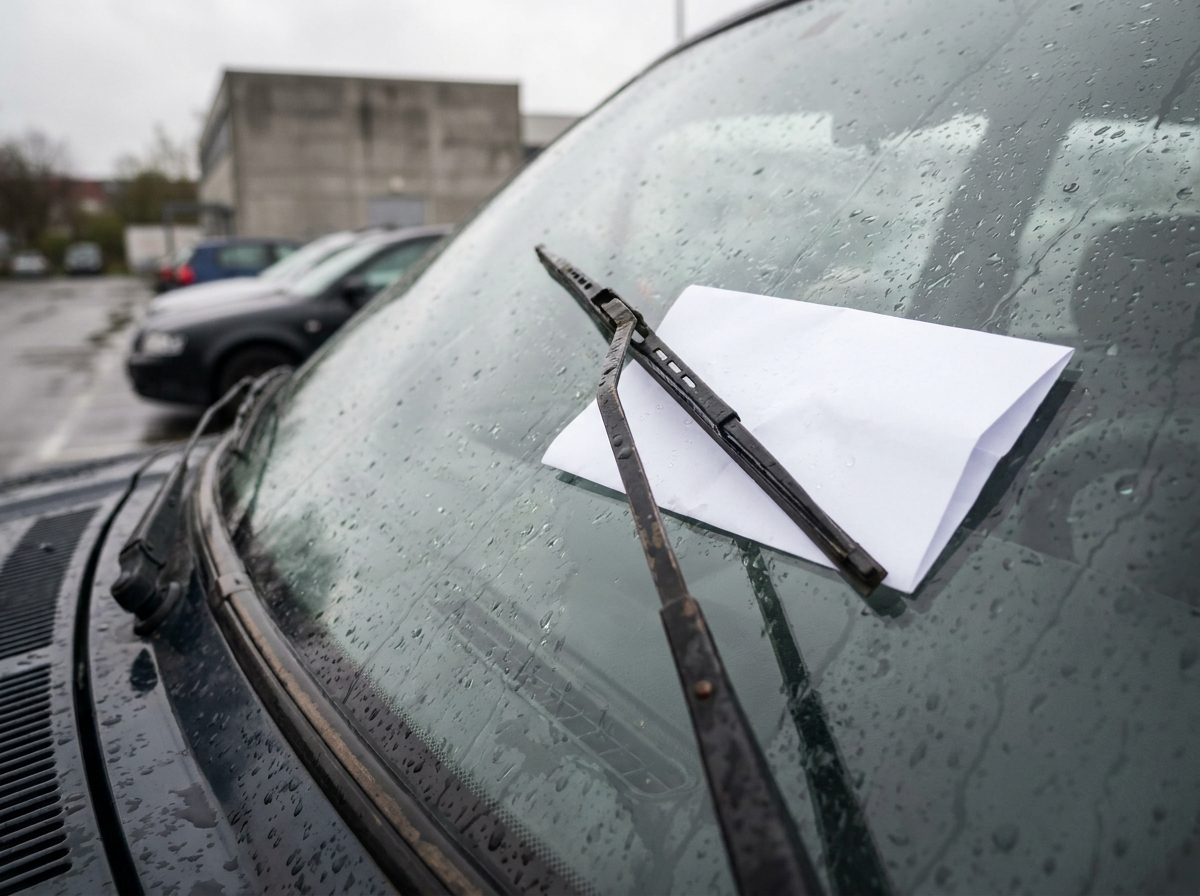 Zahlungsaufforderung an der Windschutzscheibe eines unberechtigt abgestellten Fahrzeugs