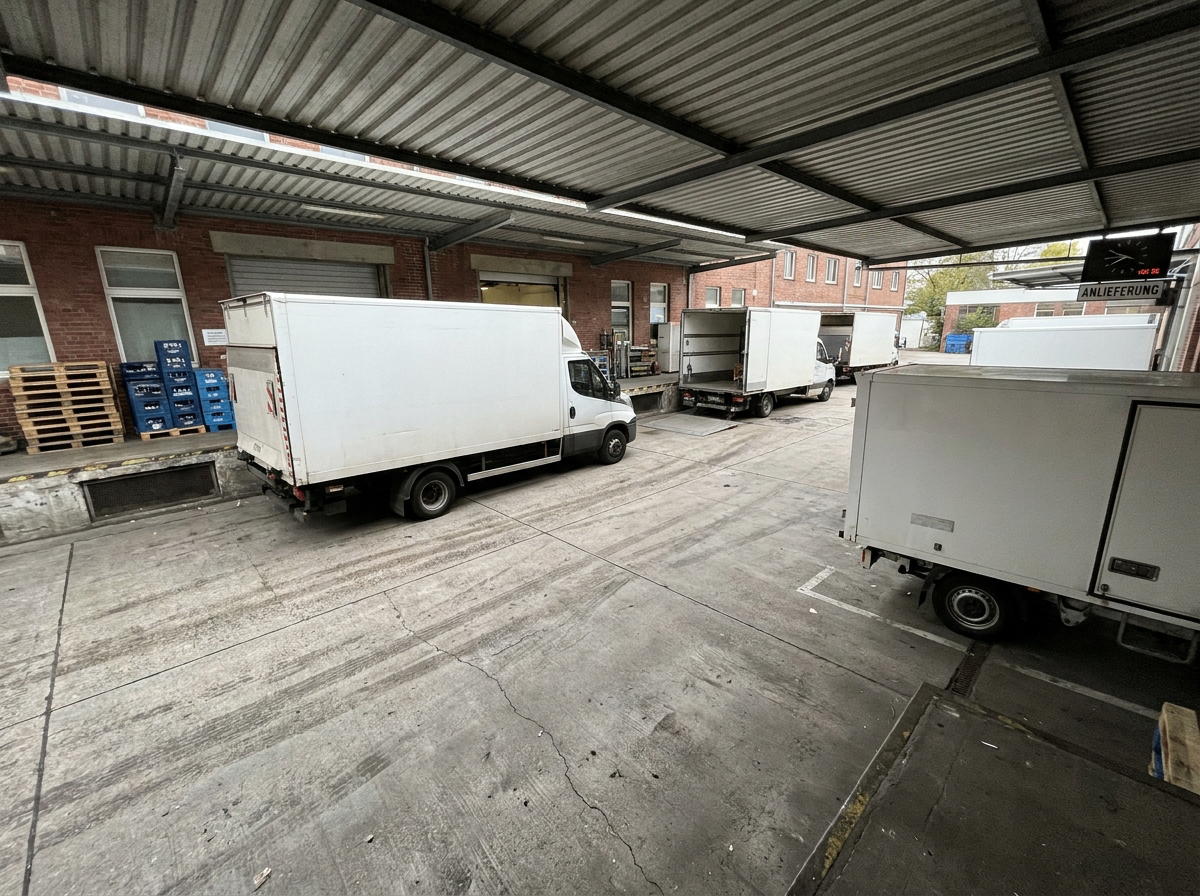 Logistikzentrum mit Laderampen und LKWs