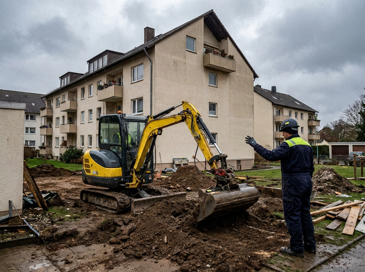 Minibagger bei Erdarbeiten auf einer Außenanlage