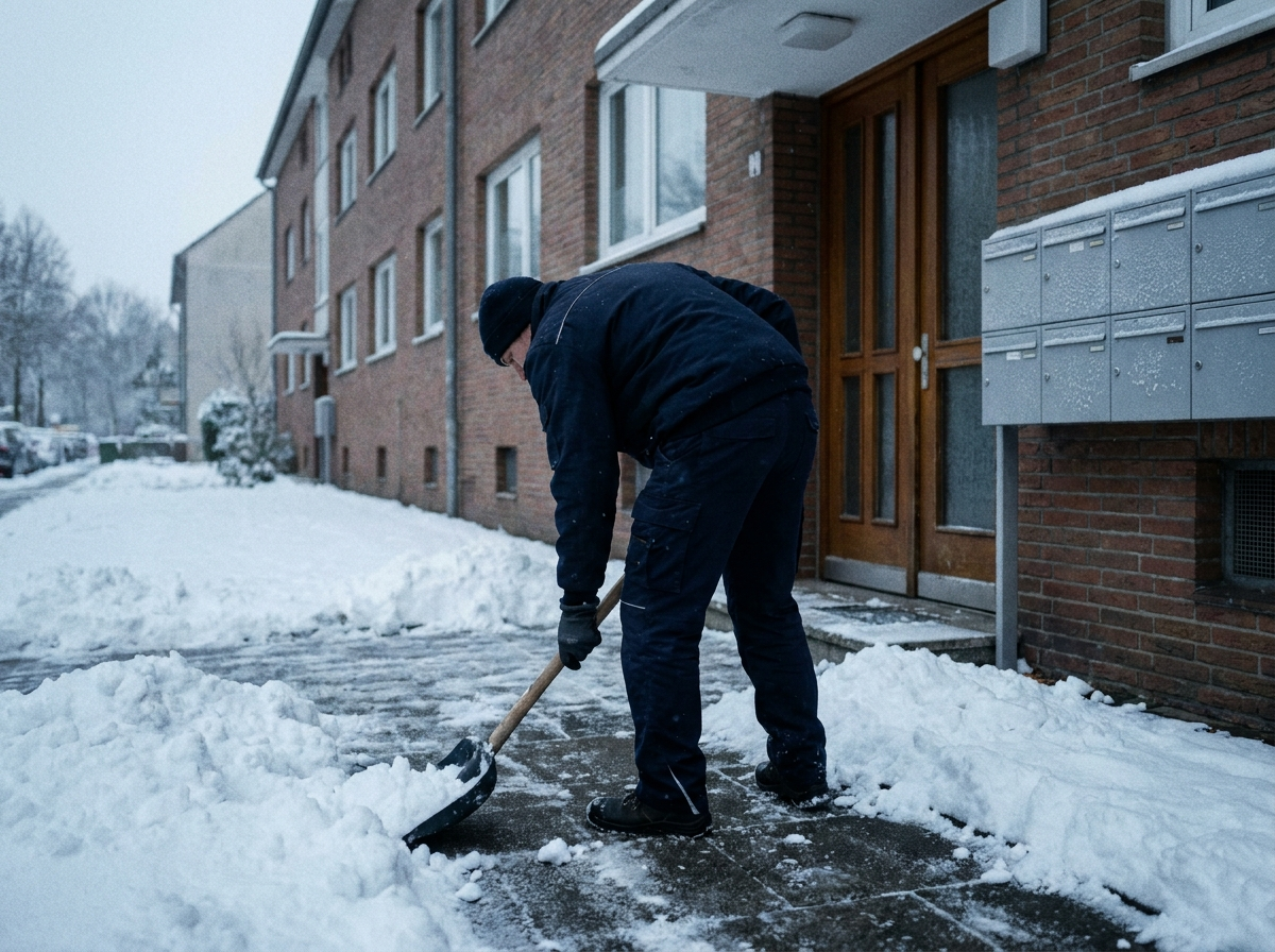 Mitarbeiter des WGS-Gebäudeservice räumt Schnee vom Eingangsbereich eines Wohnhauses