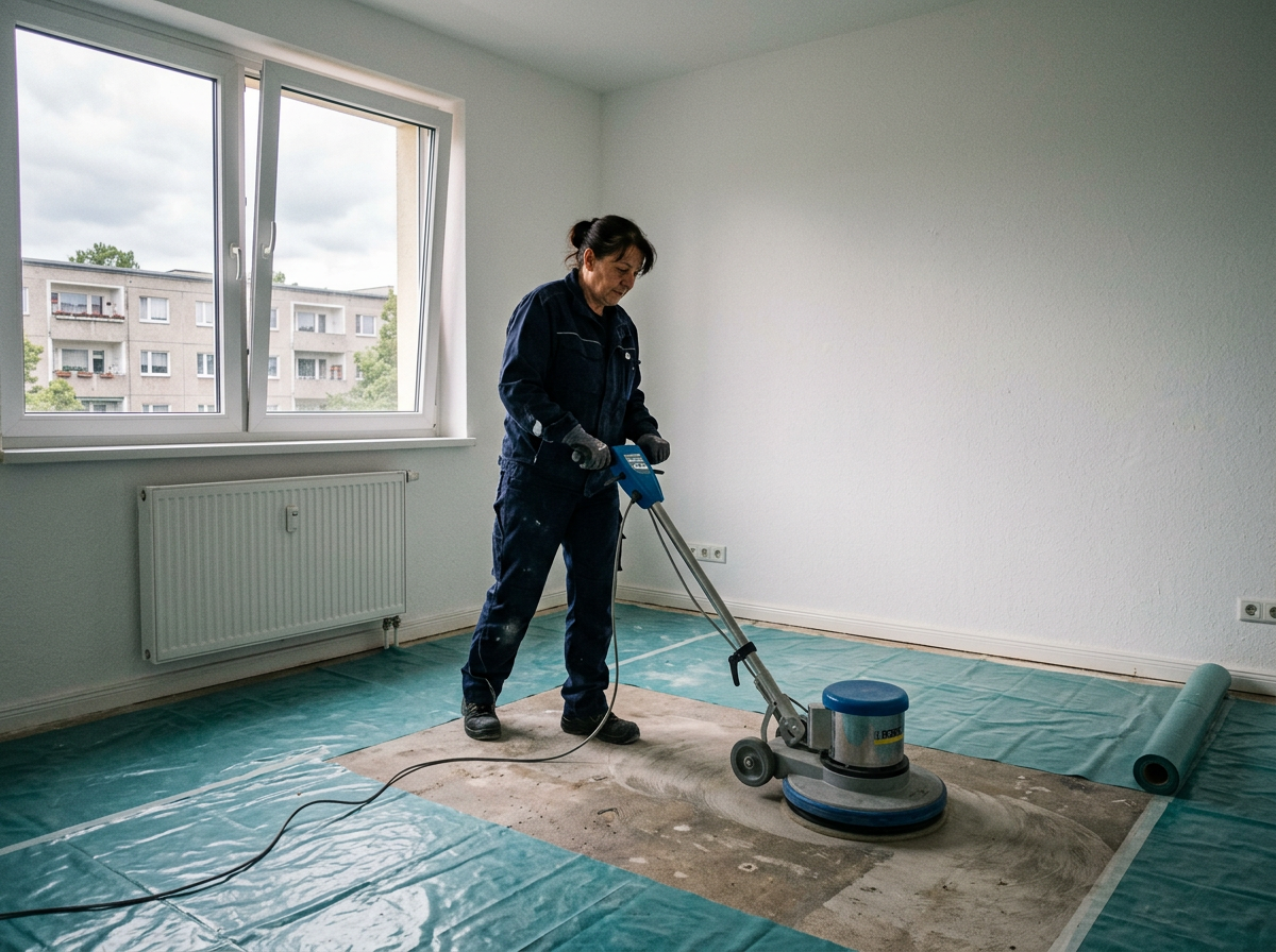Grundreinigung eines Bodenbelags mit Reinigungsmaschine